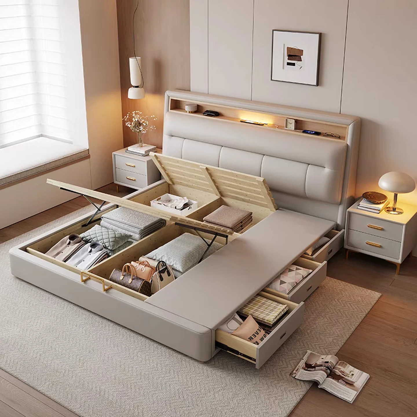 Huiliqi Modern Cream-Style Nappa Leather Bed with Storage, Flagship Edition with 2 Cabinets, 1.5×2m