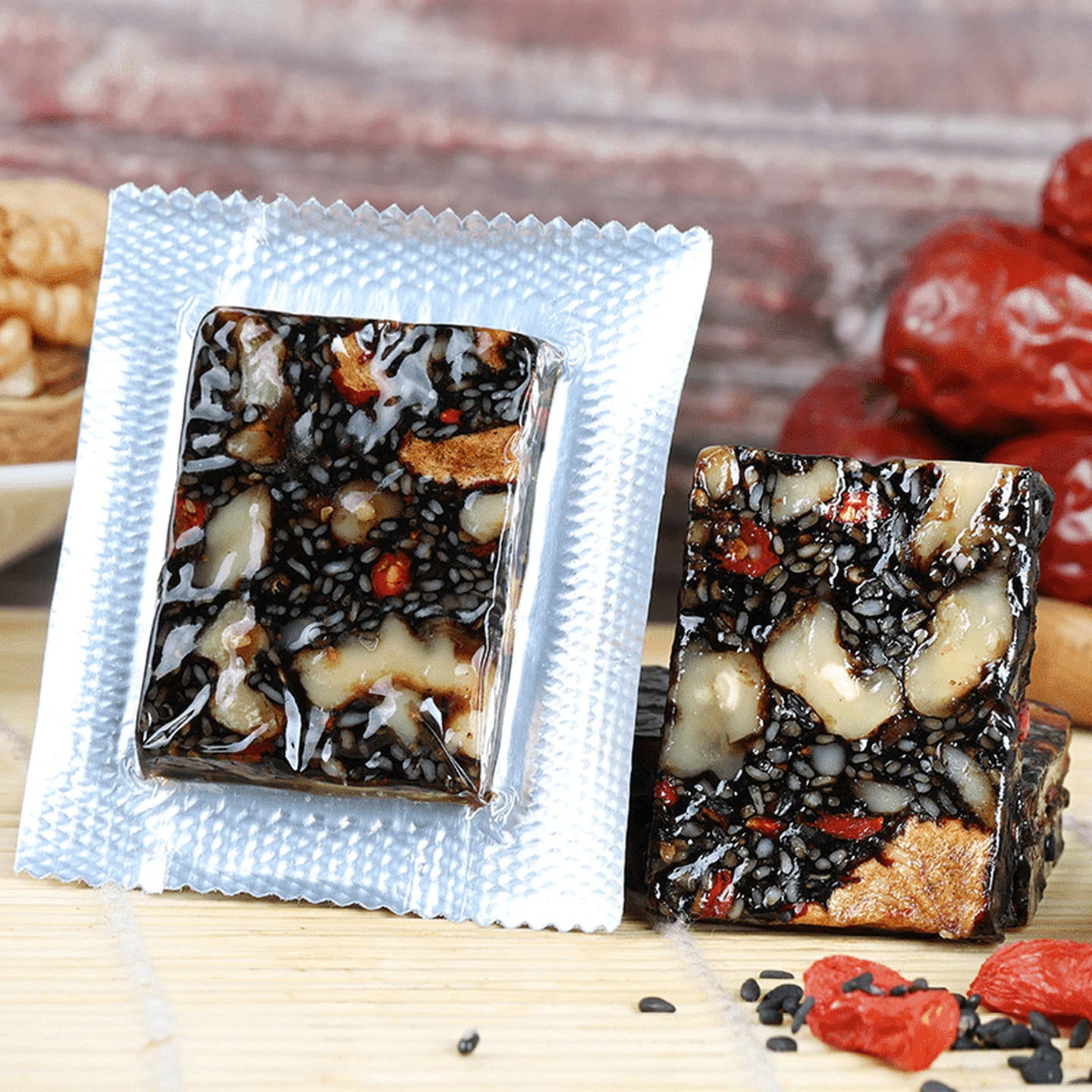 TAISHAN Ready-to-Eat Donkey-Hide Gelatin Cake with Black Sesame, Walnut & Goji, Dong'e Origin, 3×500g