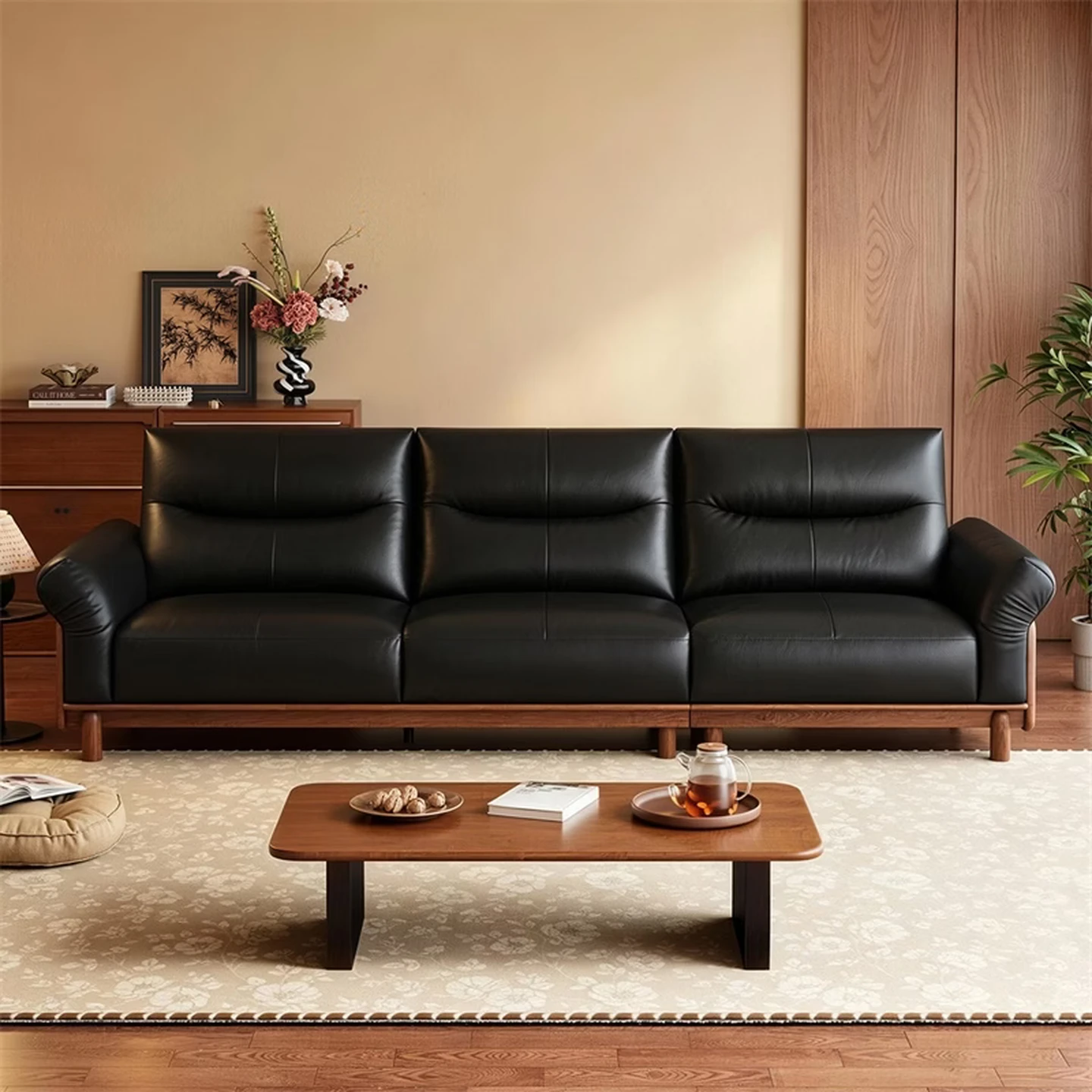 QUANU Vintage Top-Grain Leather Sofa with Solid Wood Legs, Straight-Row Design, Living Room