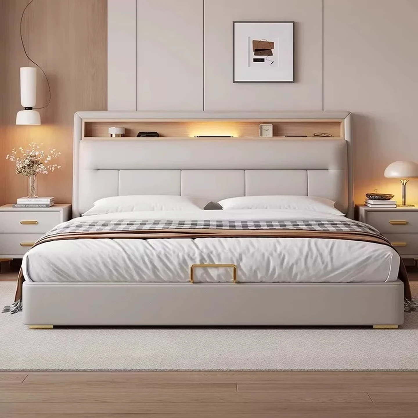 Huiliqi Modern Cream-Style Nappa Leather Bed with Storage, Flagship Edition with 2 Cabinets, 1.5×2m