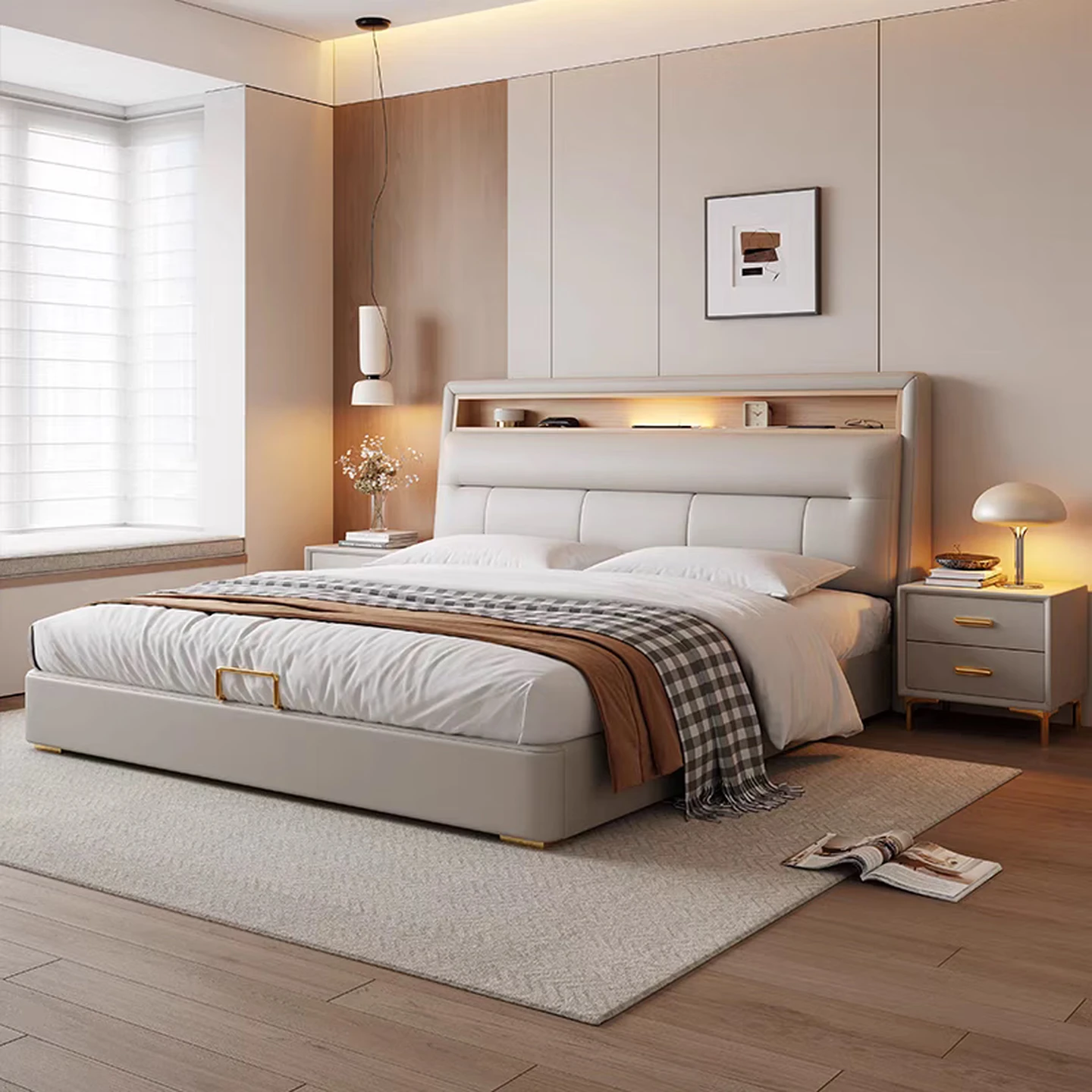 Huiliqi Modern Cream-Style Nappa Leather Bed with Storage, Flagship Edition with 2 Cabinets, 1.5×2m