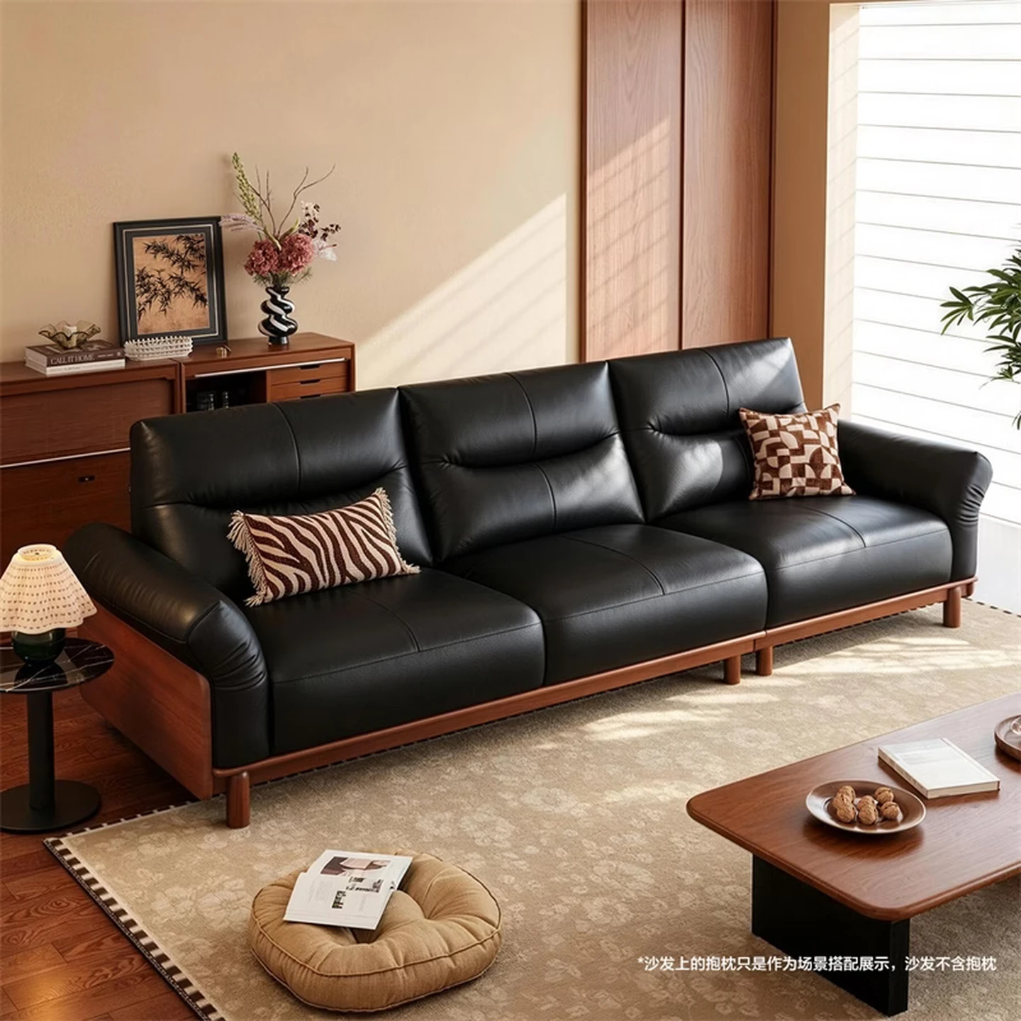 QUANU Vintage Top-Grain Leather Sofa with Solid Wood Legs, Straight-Row Design, Living Room