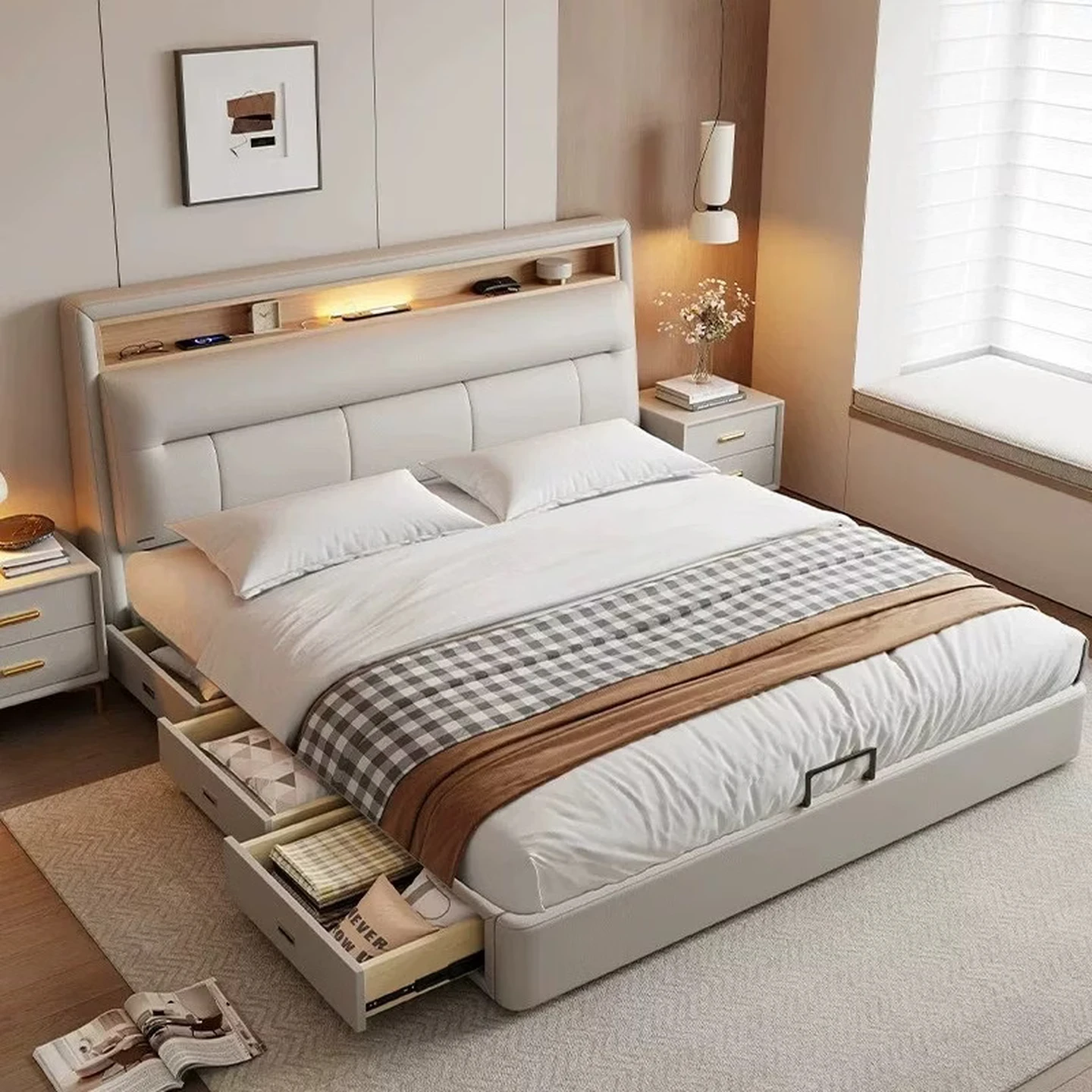 Huiliqi Modern Cream-Style Nappa Leather Bed with Storage, Flagship Edition with 2 Cabinets, 1.5×2m