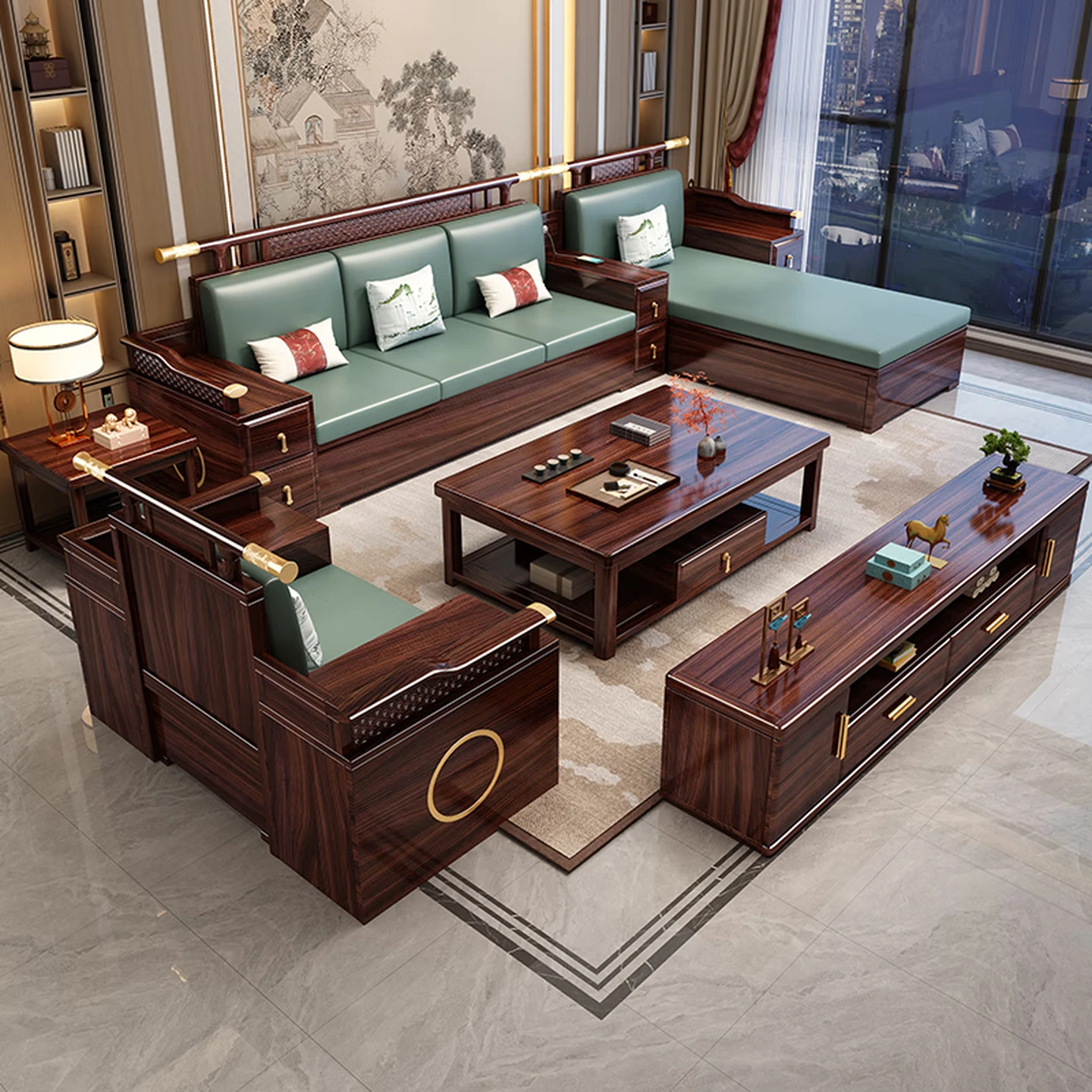 Jiangcheng New Chinese-Style Solid Wenge Wood Sofa Set with Storage, All-Season, Model B611