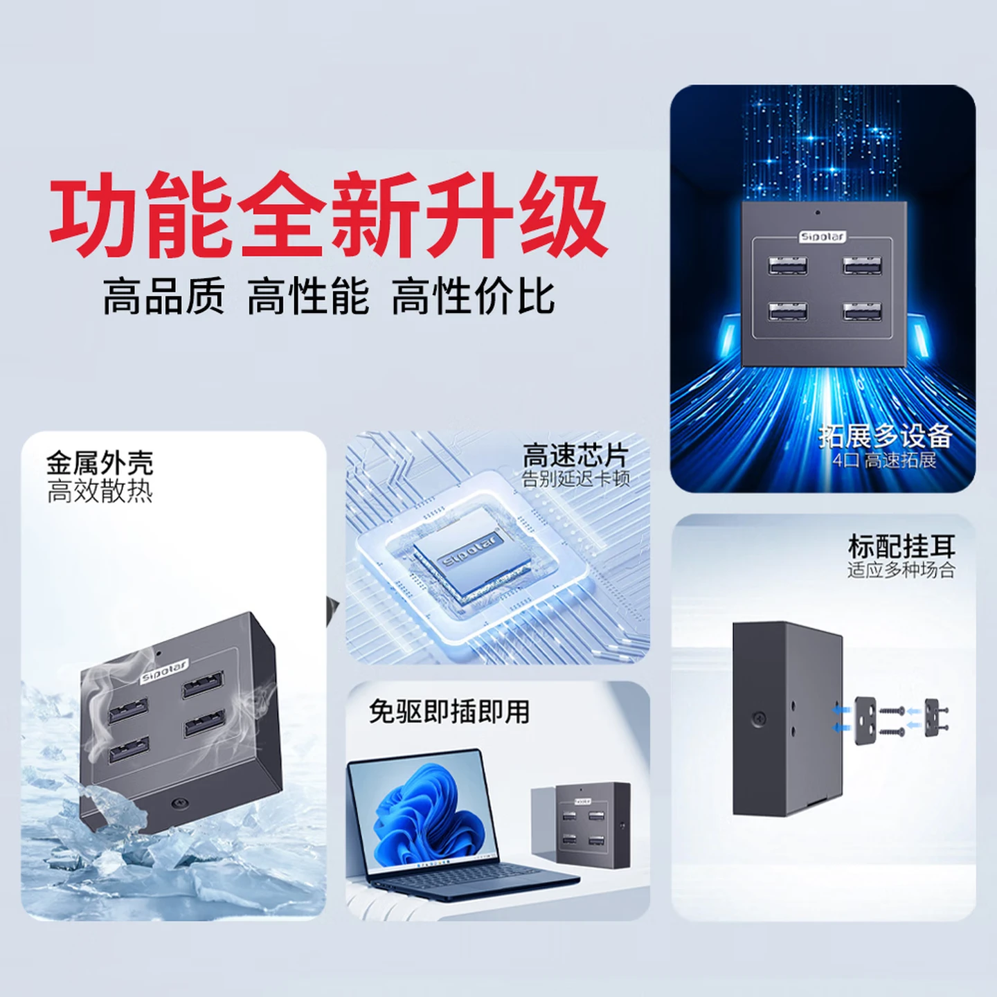 SIPOLAR A-4U32M2 USB 3.2 4-Port Hub, 10Gbps High-Speed, DC Powered, Industrial Grade