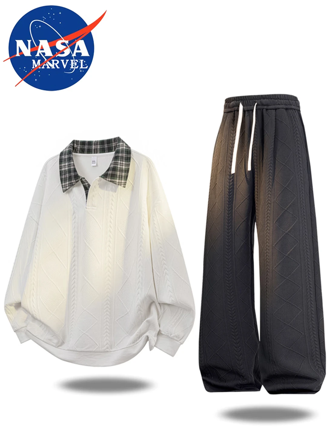 NASA MARVEL Men's 2-Piece Casual Set, Hoodie and Straight-Leg Pants, American Style, White, Size L