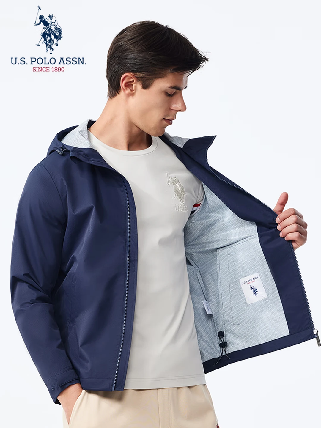 U.S. POLO ASSN. Men's Hooded Windbreaker Jacket, Lightweight Outdoor Sports Style, Navy Blue, XL