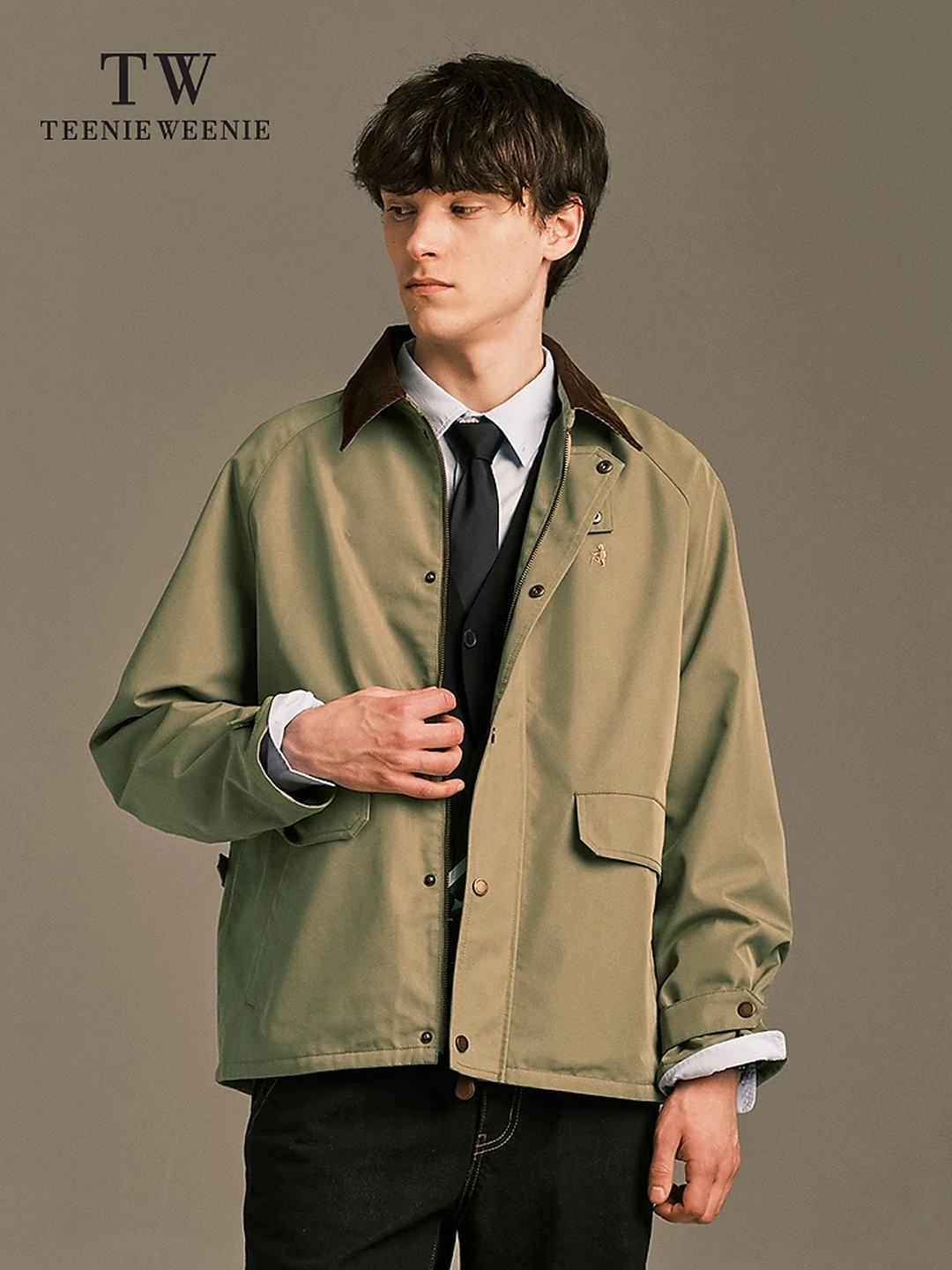 Teenie Weenie Men's Autumn/Winter Detroit-Collar Field Jacket, Vintage Casual Style, Dark Khaki, Size L