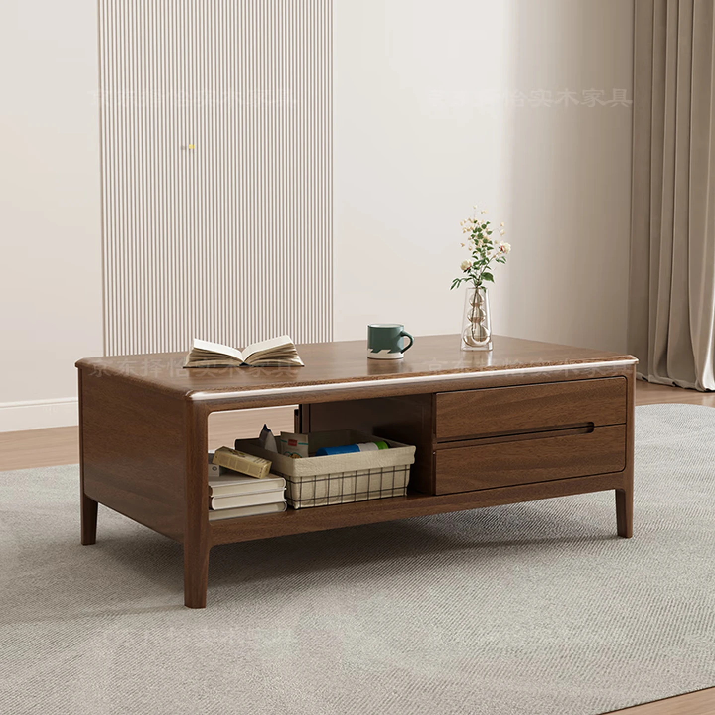Zeyi Solid Walnut TV Cabinet, 2.2m, Large Storage, Nordic Style, 40cm Depth × 58cm Height