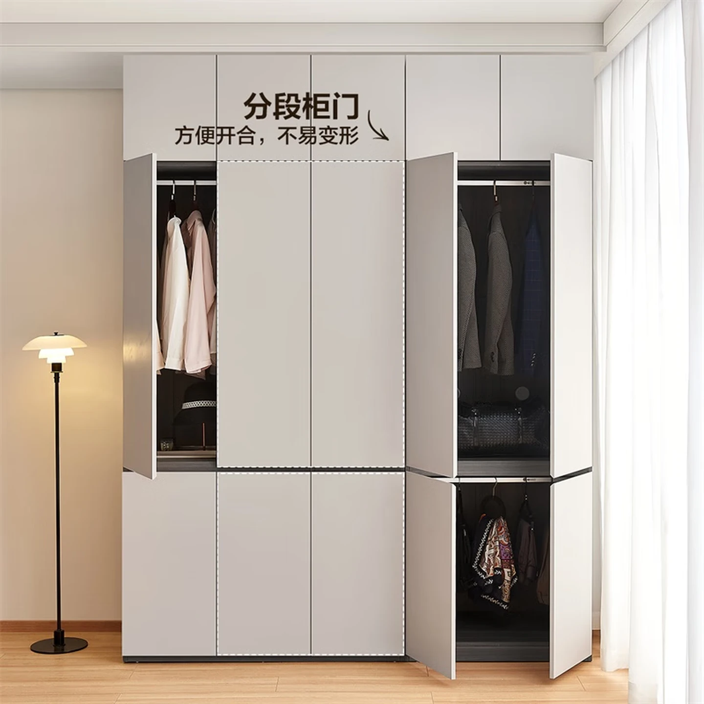 QUANU Modern Minimalist Wardrobe with Overhead Cabinet, Moonlight White, 0.8×2.14m, 2-Door, ENF-Grade Board