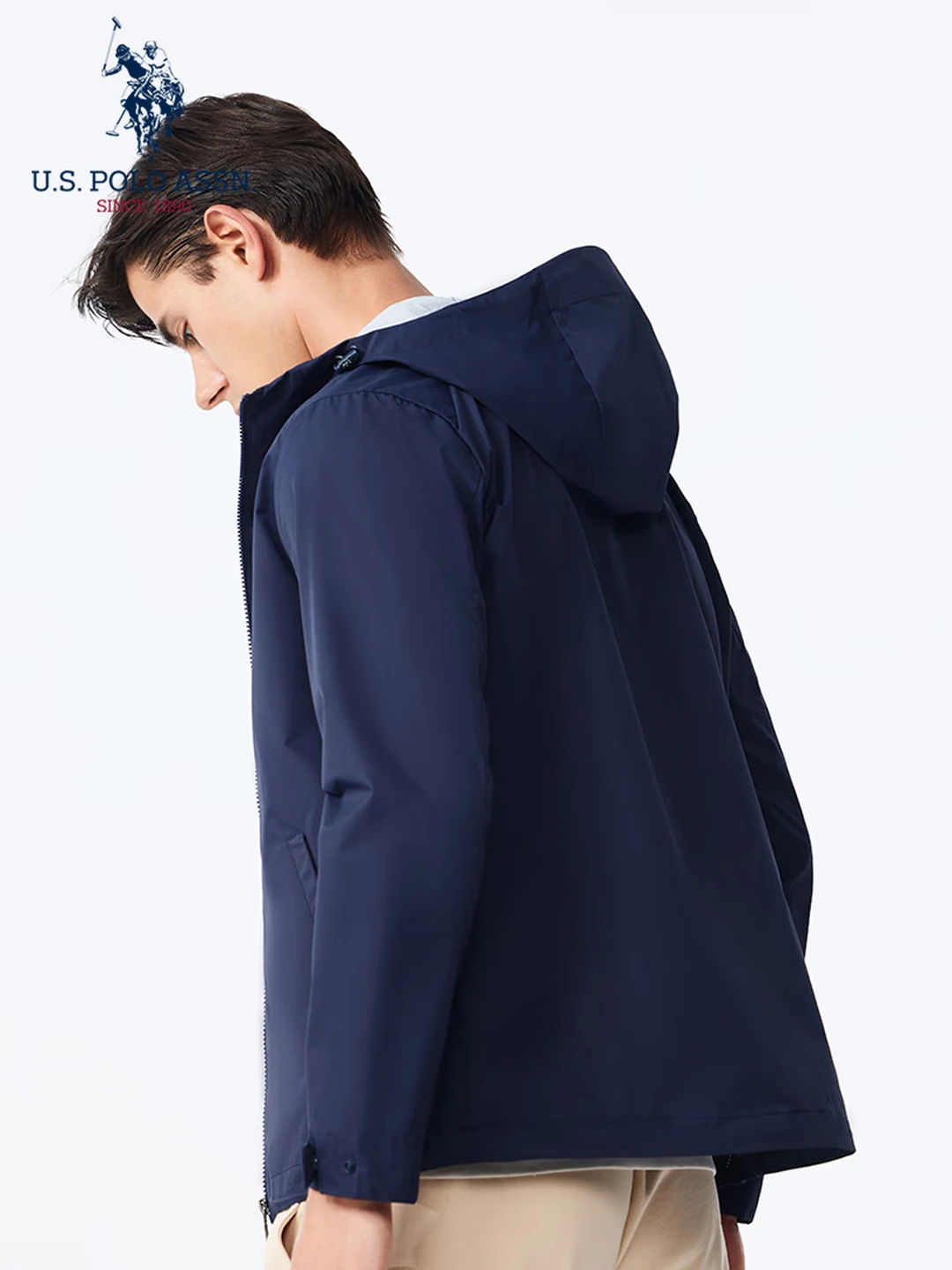 U.S. POLO ASSN. Men's Hooded Windbreaker Jacket, Lightweight Outdoor Sports Style, Navy Blue, XL