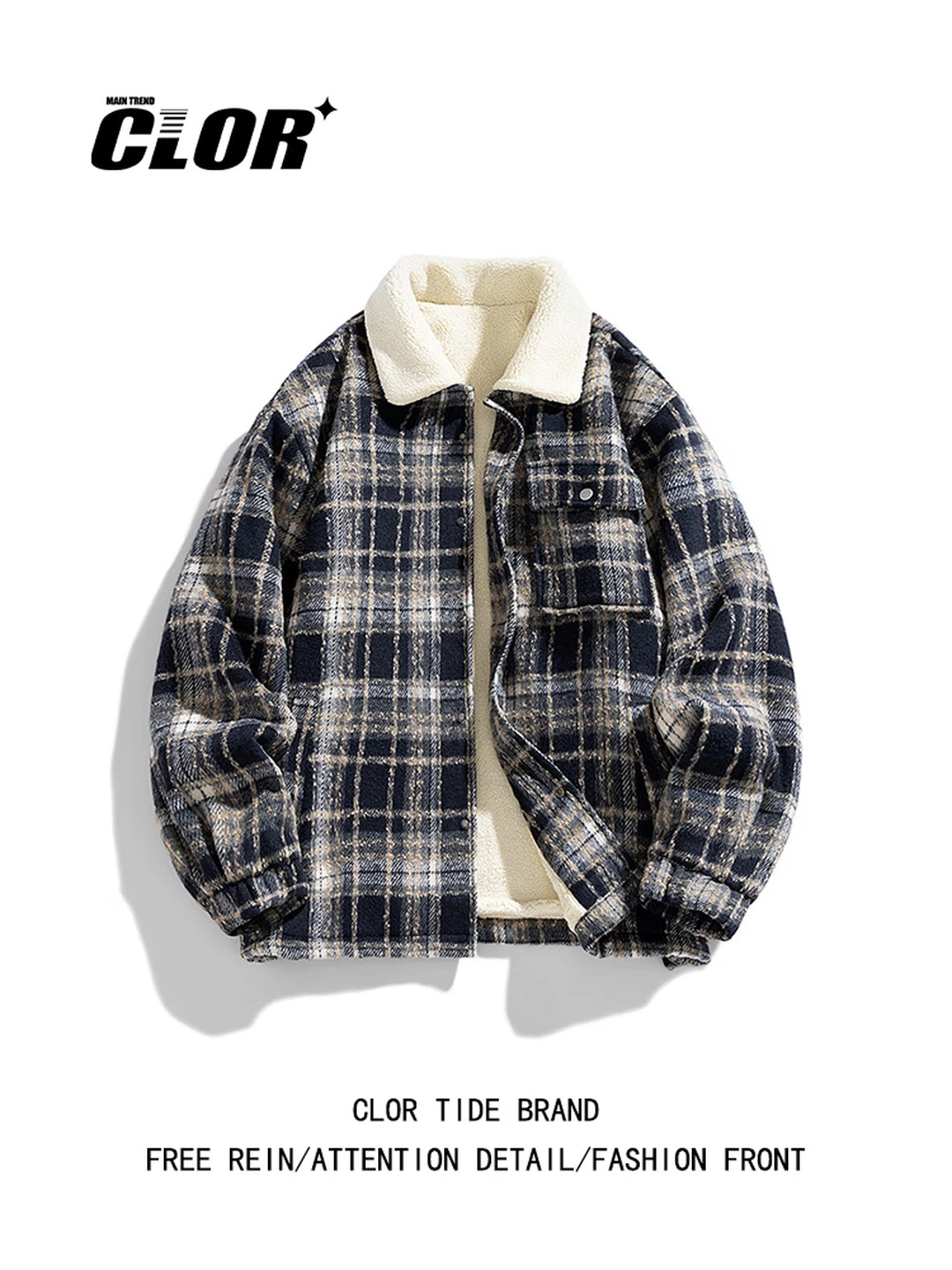 CLOR American-Style Plaid Lapel Wool Jacket for Men, Trendy Tweed Coat, Style JK17, Black, Size 2XL