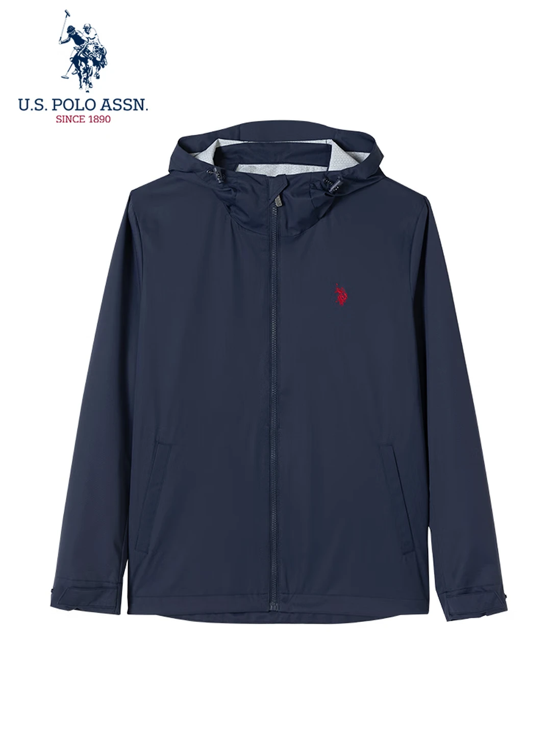 U.S. POLO ASSN. Men's Hooded Windbreaker Jacket, Lightweight Outdoor Sports Style, Navy Blue, XL