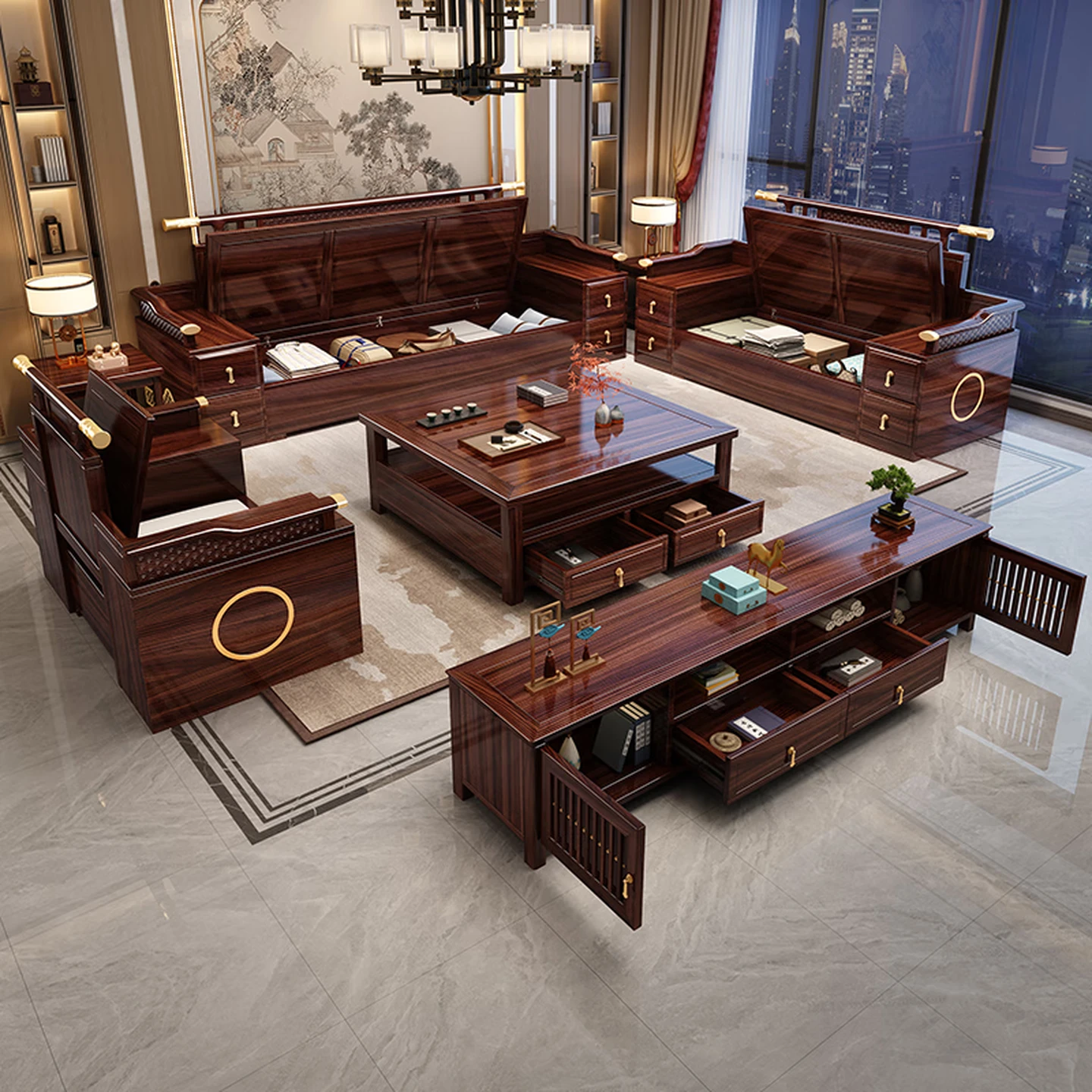 Jiangcheng New Chinese-Style Solid Wenge Wood Sofa Set with Storage, All-Season, Model B611