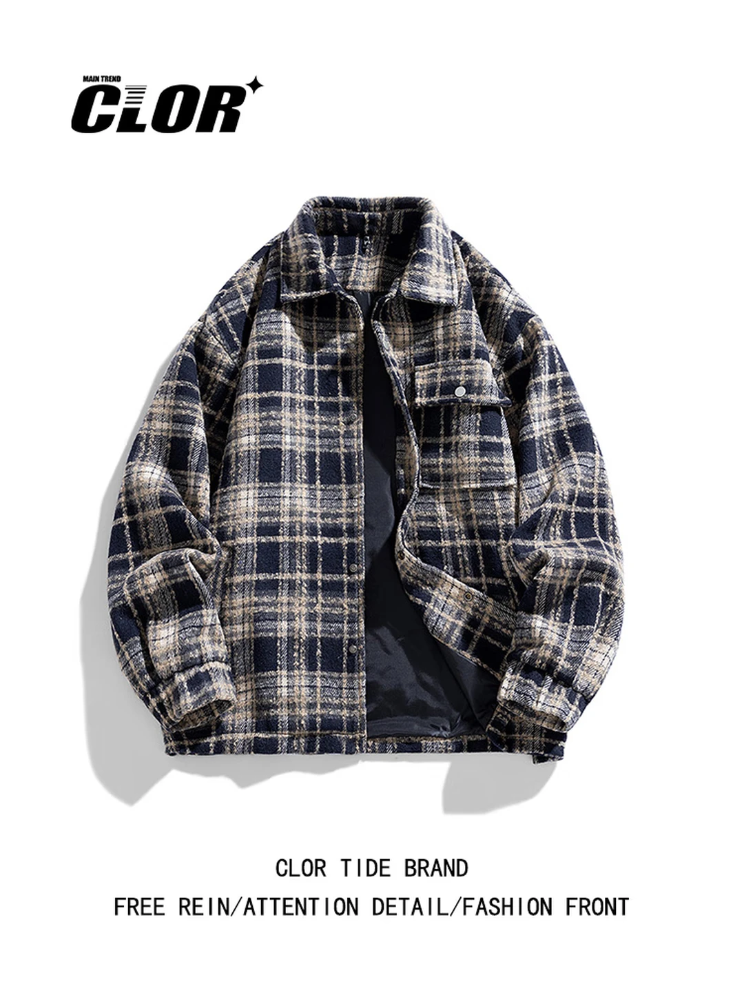 CLOR American-Style Plaid Lapel Wool Jacket for Men, Trendy Tweed Coat, Style JK17, Black, Size 2XL