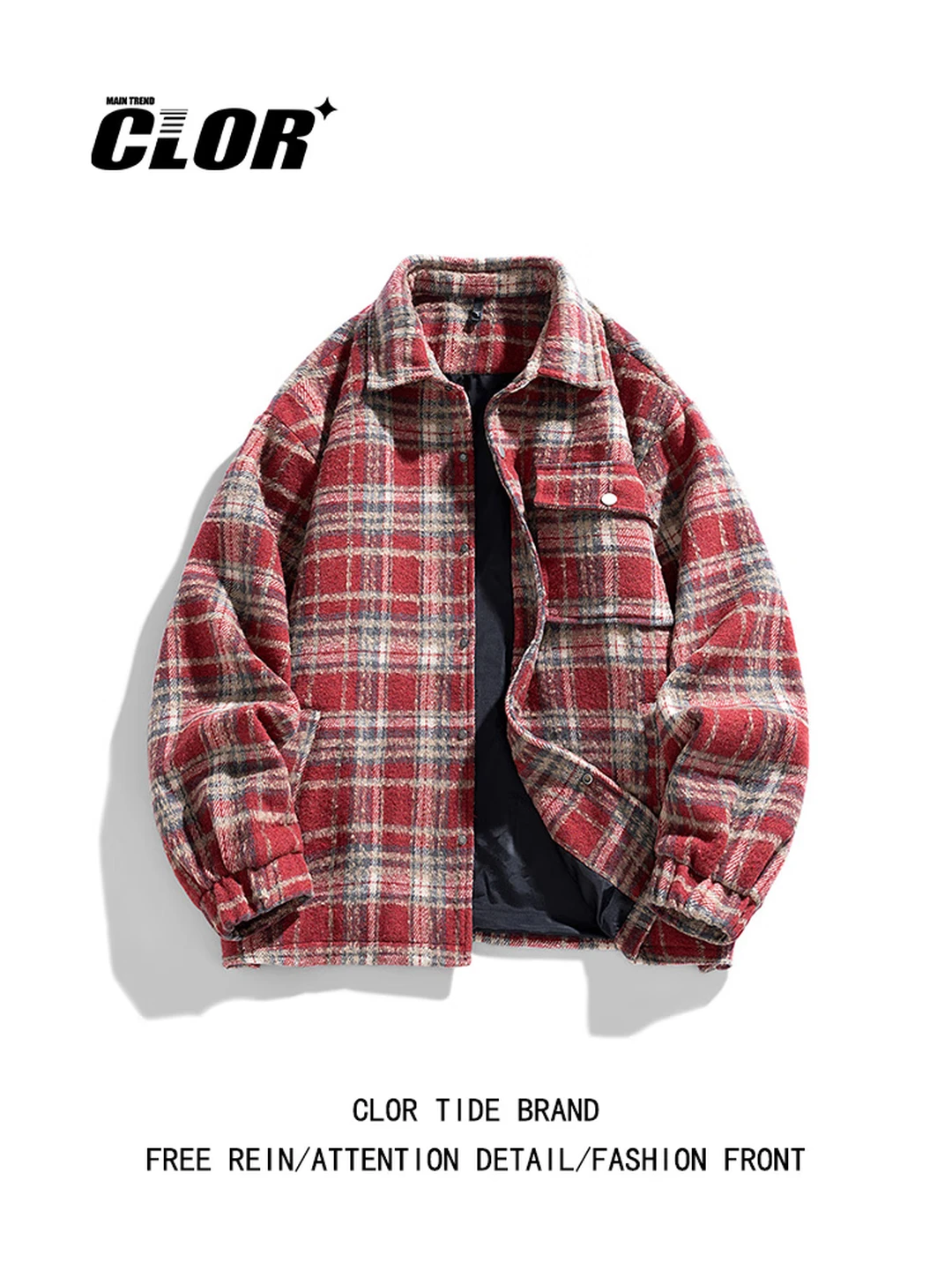 CLOR American-Style Plaid Lapel Wool Jacket for Men, Trendy Tweed Coat, Style JK17, Black, Size 2XL