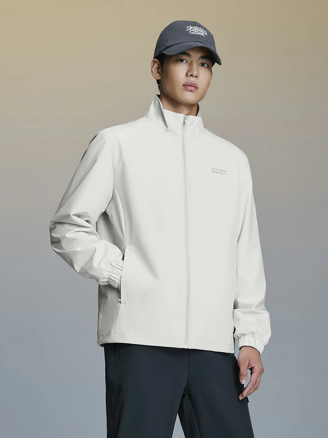 HLA Men's Lightweight Sports Jacket with Stand Collar and Print Design, Spring/Autumn, Light Grey, 4XL