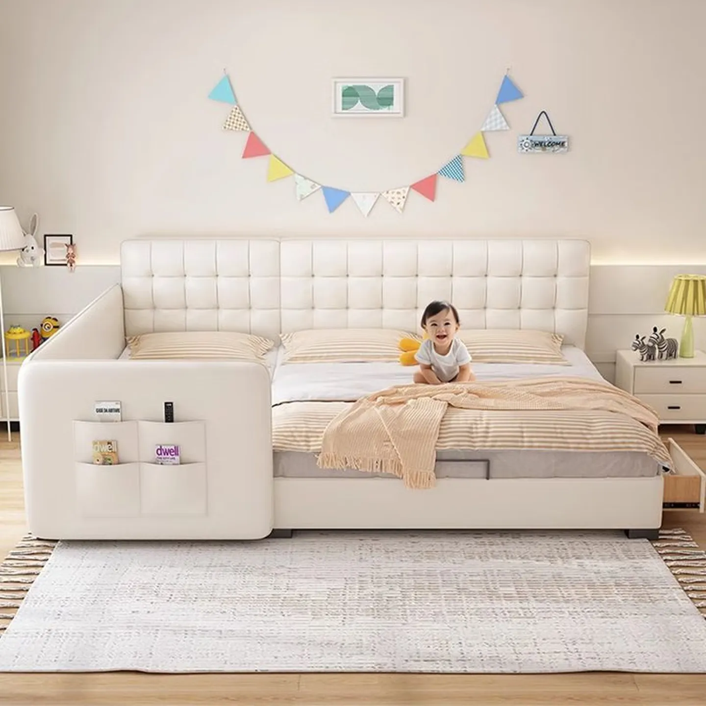 Nanshi Home Leather Twin Bunk Bed Set, 2.4m (1.2+1.2m), Waffle-Stitch Headboard with Storage & Guardrail