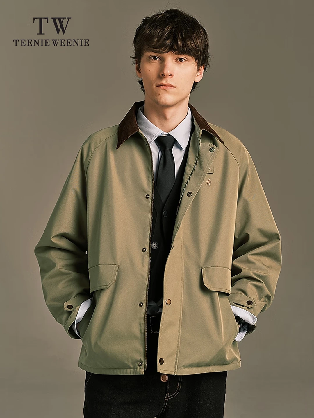 Teenie Weenie Men's Autumn/Winter Detroit-Collar Field Jacket, Vintage Casual Style, Dark Khaki, Size L